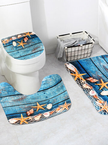 Flannel Starfish Pattern Toilet Rug Bathroom Contour Mat Non slip Mat  Lid Toilet Cove 3Pcs/Set