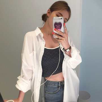 

White Thin Section Loose Long Shirt Sun Protection Clothing Female Student Cardigan Sunscreen Shirt Hurricane Shirt