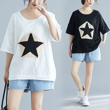 

New Literary Large Size Women's Fat Sister T-shirt Female Short-sleeved Loose Tide Cover Belly Shirt