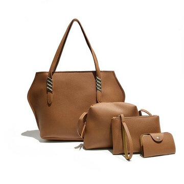 Women 4Pcs Faux Leather Solid Leisure Handbag Shoulder Bag