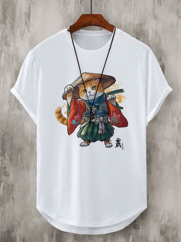 Camisetas com figuras de gatos guerreiros japoneses