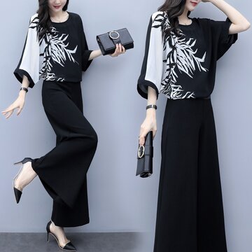 Women's Black Two-piece Wide Leg Pants Printing Suit Casual Fashion Suit Female Large Size