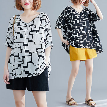 

Installed New Literary Silk Cotton Printed Short-sleeved T-shirt Fat Mm Was Thin And Comfortable Round Neck Shirt Women