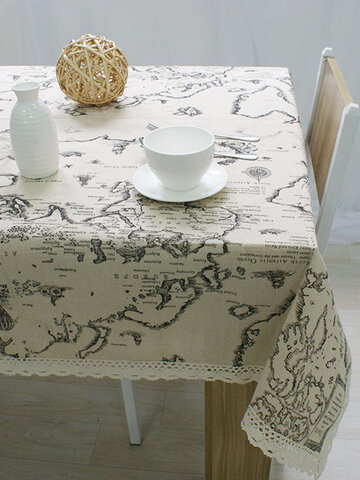 Mapa del mundo Mantel de encaje elegante Mantel de lino Cubierta de mesa decorativa