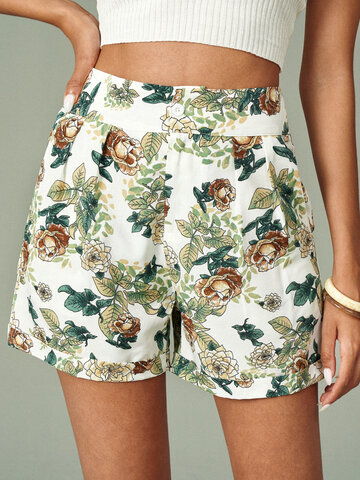 Tropical Flower Print Pocket Shorts