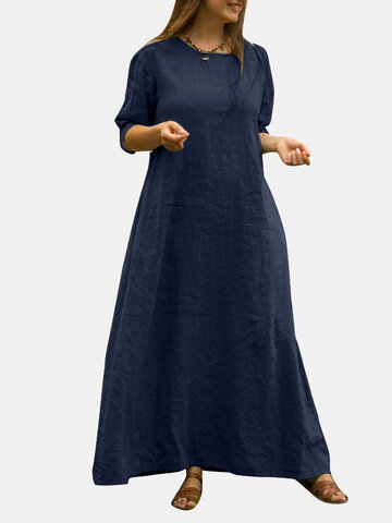 Solid Langarm Maxi Vintage Kleid