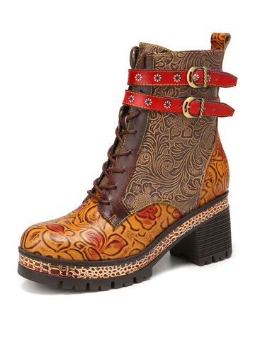 SOCOFY Vintage Floral Embossed Leather Warm Platform Chunky Heel Short Boots