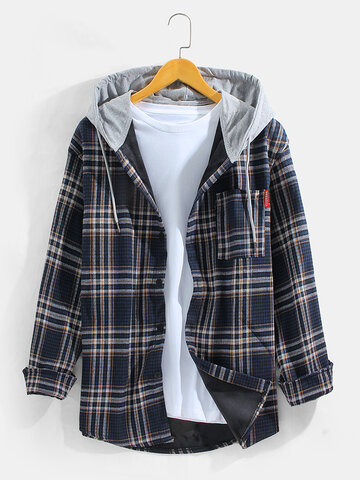 Men’s Plaid Thick Plush Lined Warm Hooded Shirt Jacket With Pocket