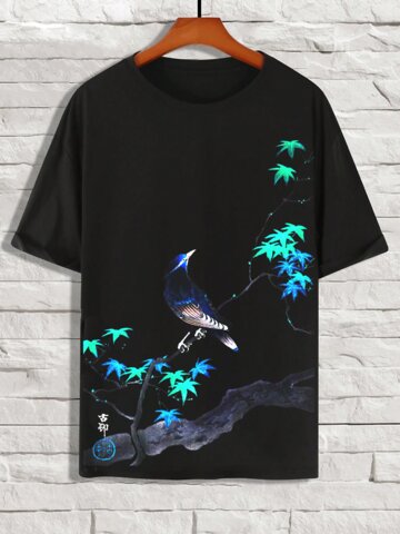 Camisetas con estampado de árbol y pájaro degradado