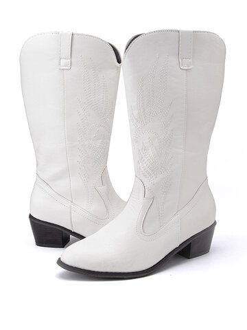 Leaf Embroidery Mid-Calf White Cowboy Boots