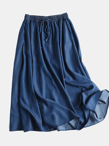 Solid Tie Pocket Denim Skirt