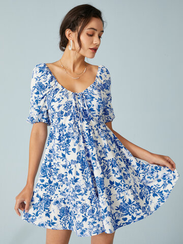 Marineblauer Calico-Print-Schnürschuh Kleid