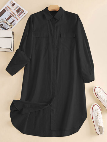 Solid Long Sleeve Pocket Button Lapel Shirt Dress