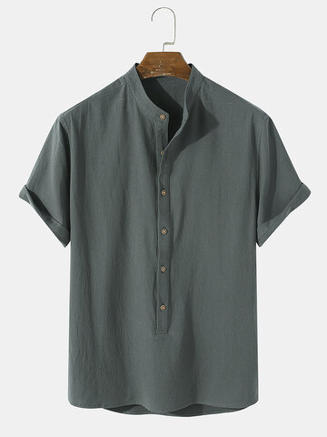 Plain Basic Style Cotton Henley Shirt