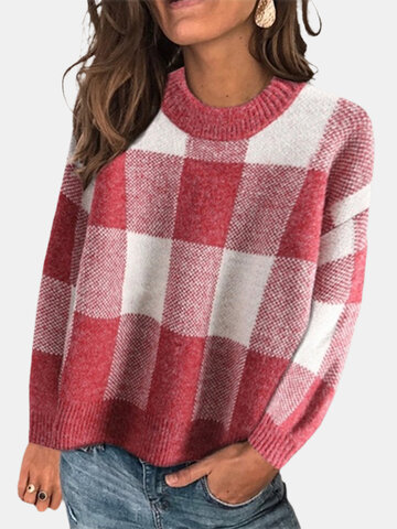 Plaid Print Patchwork Casual Sweater