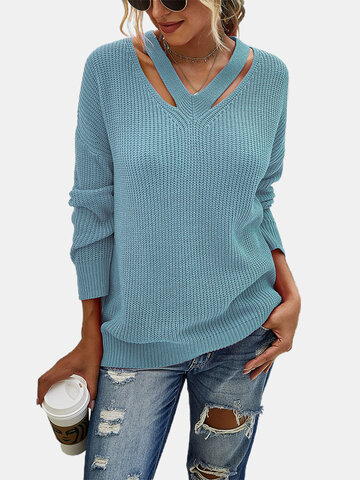 Solid Color Loose V-neck Sweater