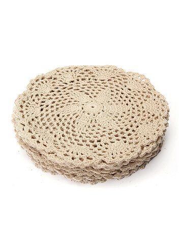 12pcs 20cm Vintage Beige Cotton Deckchen Hand Crochet Coasters Lace Applique
