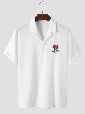 Rose Embroidered Business Formal Work Revere Collar Polos