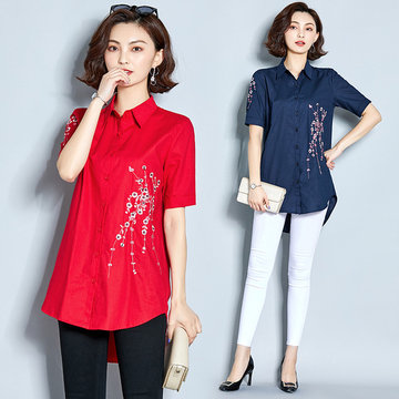 

Season New Long Section Literary Embroidery Embroidery Shirt Female Loose Short Sleeve Bottoming Shirt Women