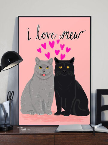 Valentine Love Cats Pattern Canvas Painting Unframed Wall Art Canvas Living Room Home Decor