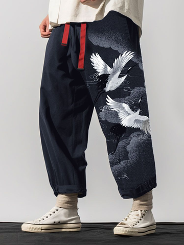 Pantalon à imprimé grue japonaise