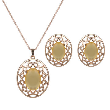Elegant Jewelry Set Opal Hollow Oval Necklace Earrings Set
