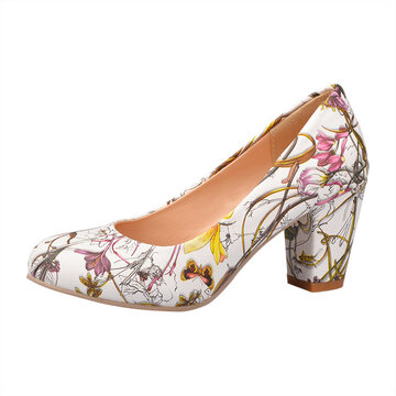 

Extra Size Floral Chunky Heel Pumps, White yellow red blue