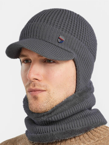 Men 2PCS Plus Velvet Ear Neck Protection Scarf Knitted Hat Beanie