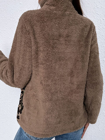 Leopard Stitch Zip Front Lapel Long Sleeve Sweatshirt