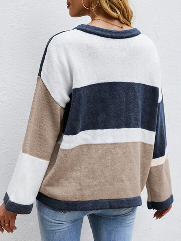 Contrast Color Long Sleeve Knit O-neck Sweater