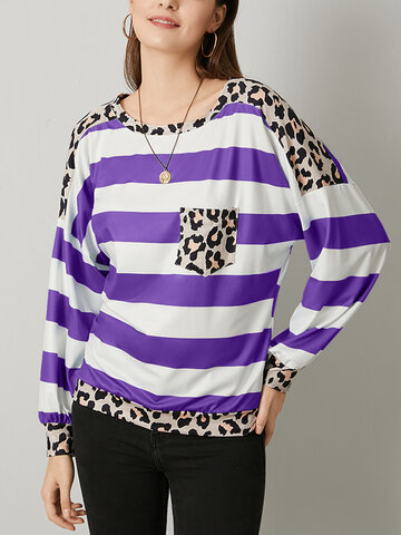 Striped Pattern Leopard Patchwork T-shirt
