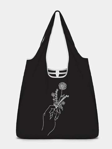 Fingers Flower Print Lightweight Medium Reusable Grocery Shopping Cloth Bags Handbags