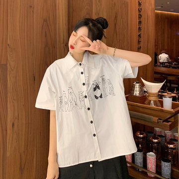 

Season New Hong Kong Flavor Loose Retro Cartoon Print Short-sleeved Shirt Women