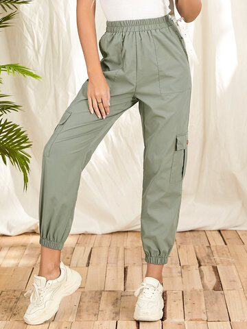 Solid Color Cuffed Cargo Pants