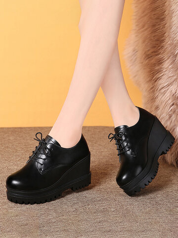 Pure Black Leather Casual Wearable Wedges