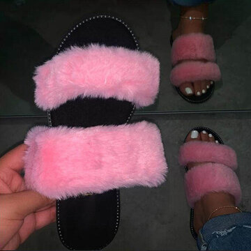 Double Band Soft Plush Fleece Casual Slippers