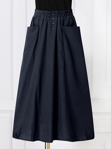 Solid Pocket Elastic Waist Skirt
