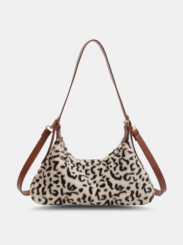 Plush Animal Print Leopard Shouler Bag