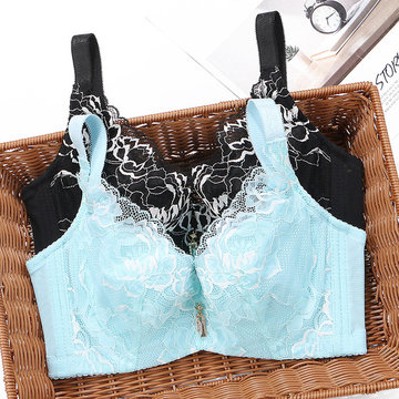 

New With Steel Ring Breathable Thin Section No Sponge Large Size Bra Gathered Adjustable Sexy Lace Underwear, Black bean paste blue flesh