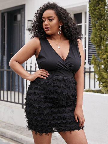Plus Size Black Deep V Neck Wrap Design Zip Design Sleeveless Dress