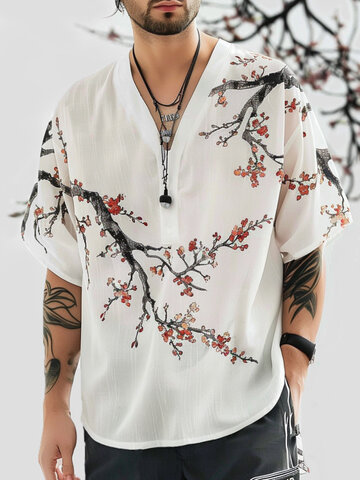T-shirt con scollo a V con fiori di ciliegio