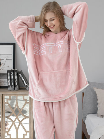 Flannel Letter Embroidery Thick Home Pajama Set