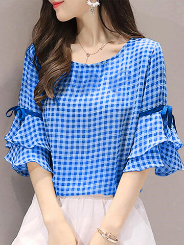 Plaid Knotted Ruffle Sleeve Blouse