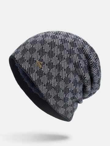 Men Winter Plus Velvet Plaid Pattern Knitted Beanie Hat