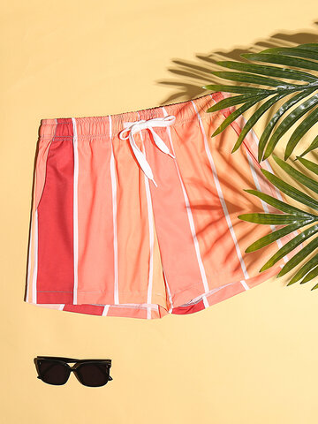 Orange Vertical Striped Mesh Lining Beach Shorts