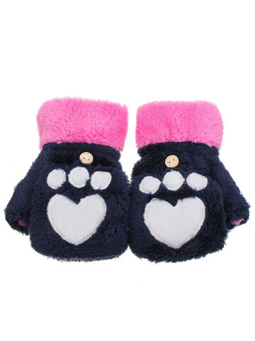 Winter Warm Cute Cat Claw Plush Short Fingerless Gloves Half Finger Flip Mittens 