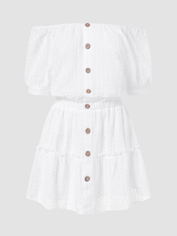 Tiered Solid Eyelet Button Dress