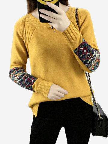

Knited Patch Long Sleeve O-neck Sweater, Yellow