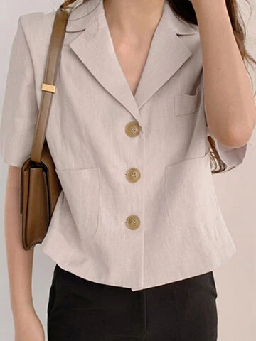 Solid Button Lapel Short Sleeve Women Casual Blazer 
