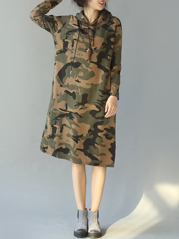 

Camouflage Hooded Loose Women Dresses, Army green
